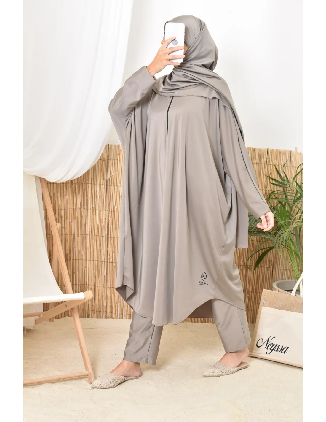 Burkini grande taille papillon RAWAA Taupe - Image 1