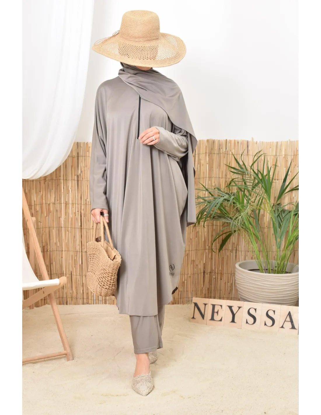 Burkini grande taille papillon RAWAA Taupe - Image 9