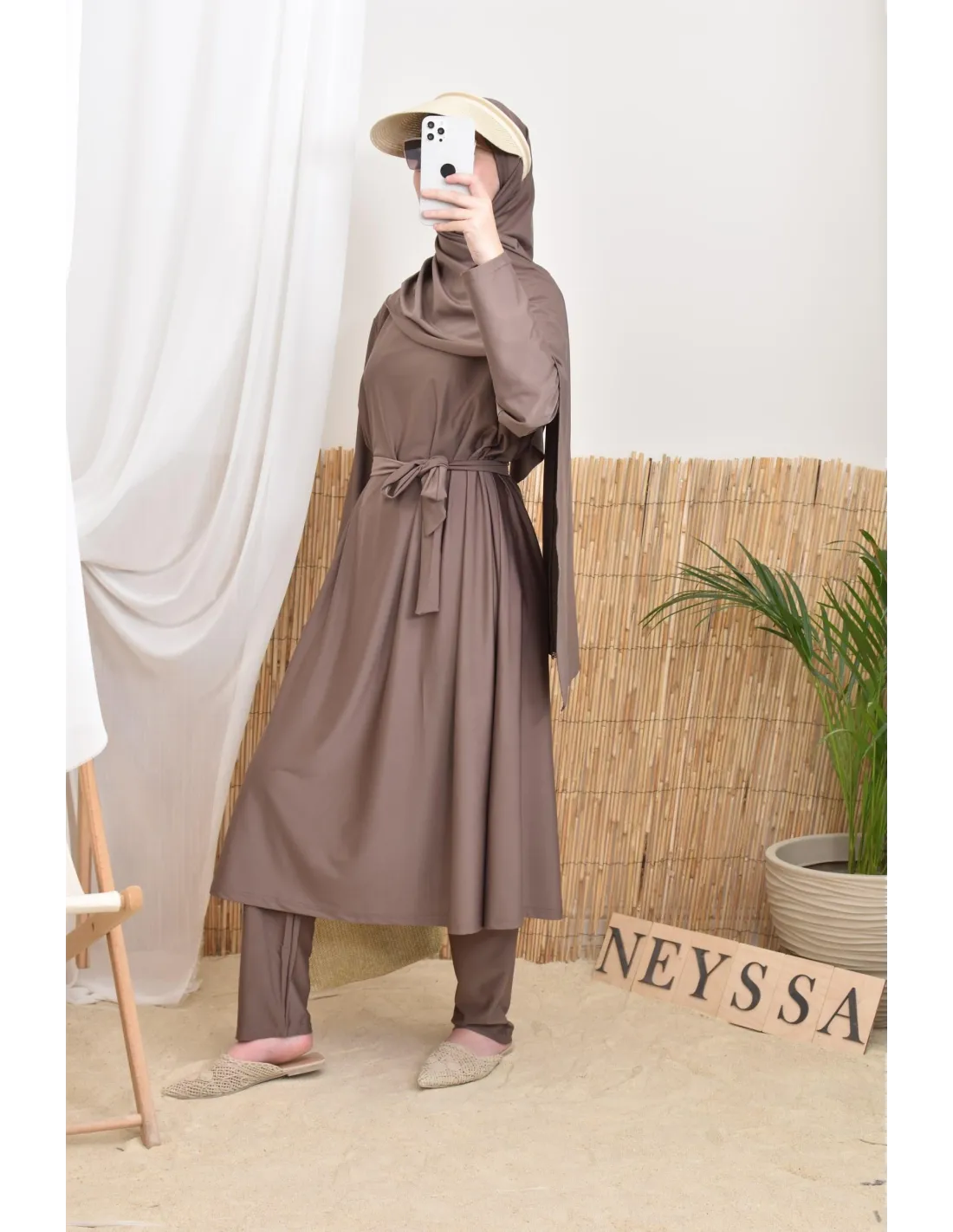 Burkini long avec hijab BAHREIN Taupe Foncé - Image 1