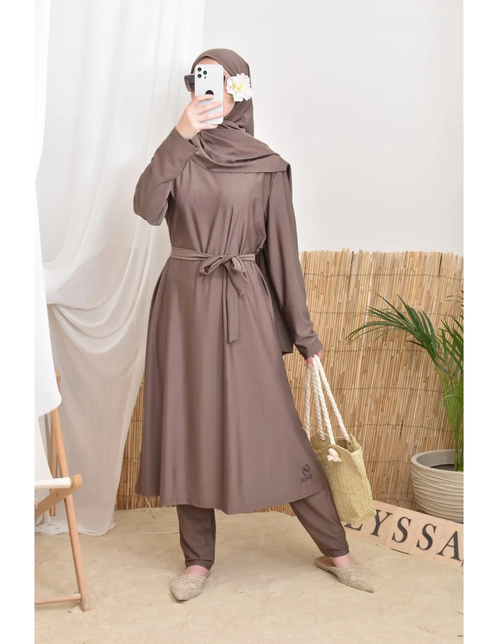 Burkini long avec hijab BAHREIN Taupe Foncé - Image 2