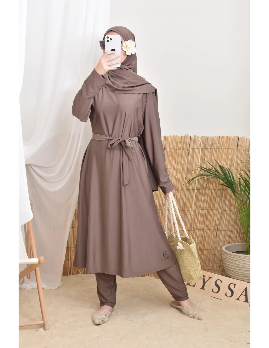 Burkini long avec hijab BAHREIN Taupe Foncé - Image 2