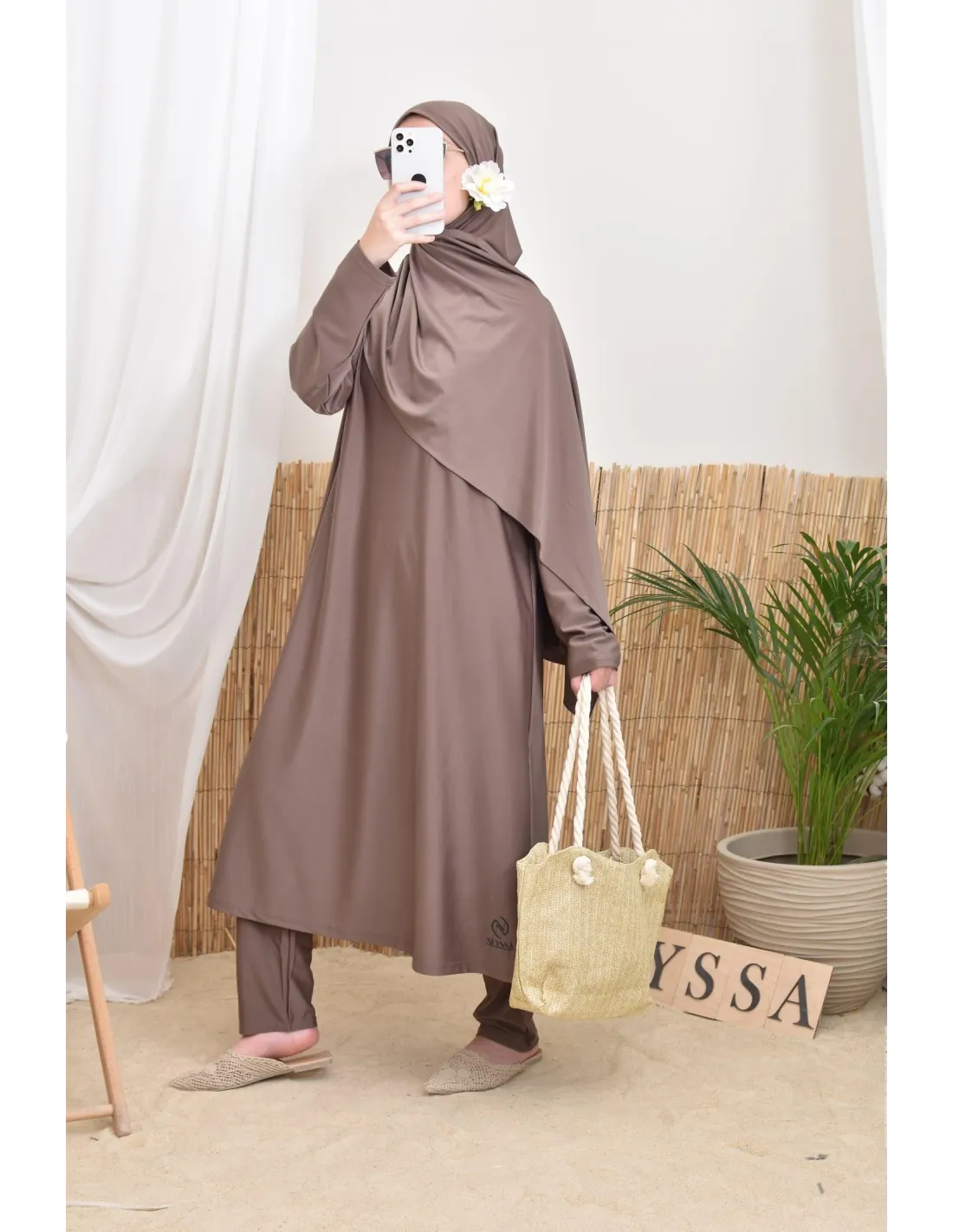Burkini long avec hijab BAHREIN Taupe Foncé - Image 3