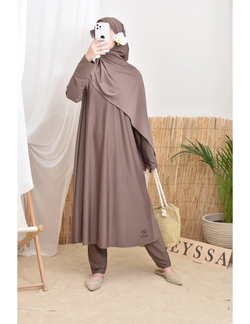 Burkini long avec hijab BAHREIN Taupe Foncé - Image 4