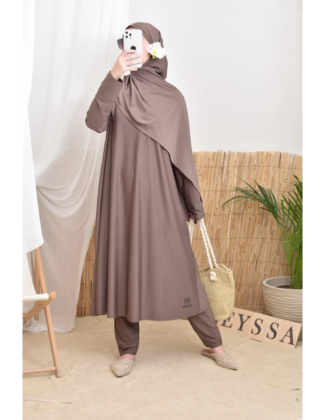 Burkini long avec hijab BAHREIN Taupe Foncé - Image 4