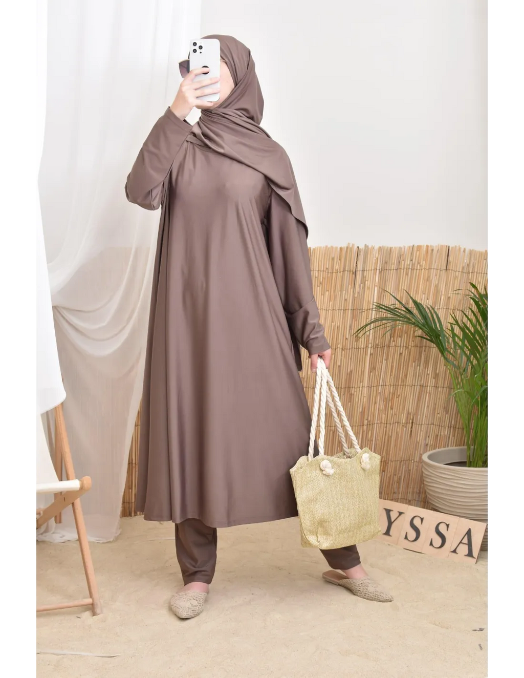 Burkini long avec hijab BAHREIN Taupe Foncé - Image 5
