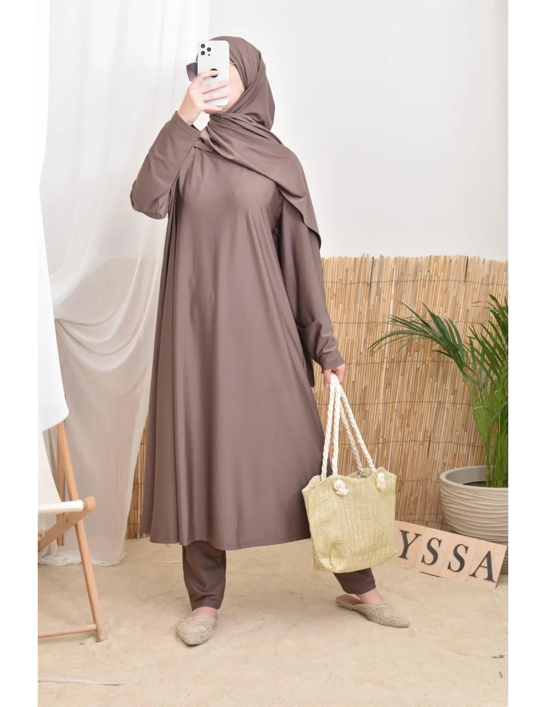 Burkini long avec hijab BAHREIN Taupe Foncé - Image 5