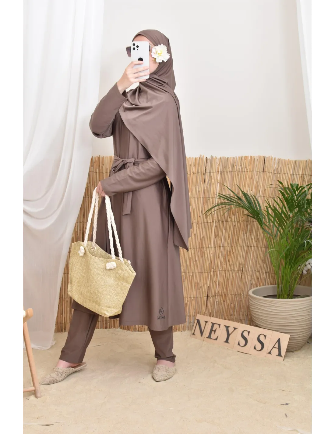 Burkini long avec hijab BAHREIN Taupe Foncé - Image 6