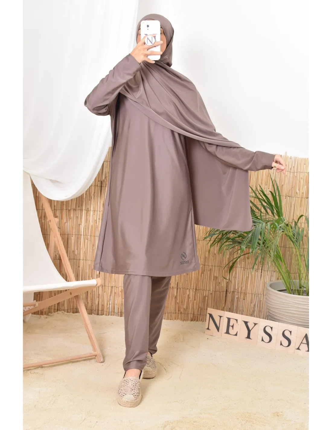 Burkini long hijab à enfiler TWIL Taupe Foncé - Image 4