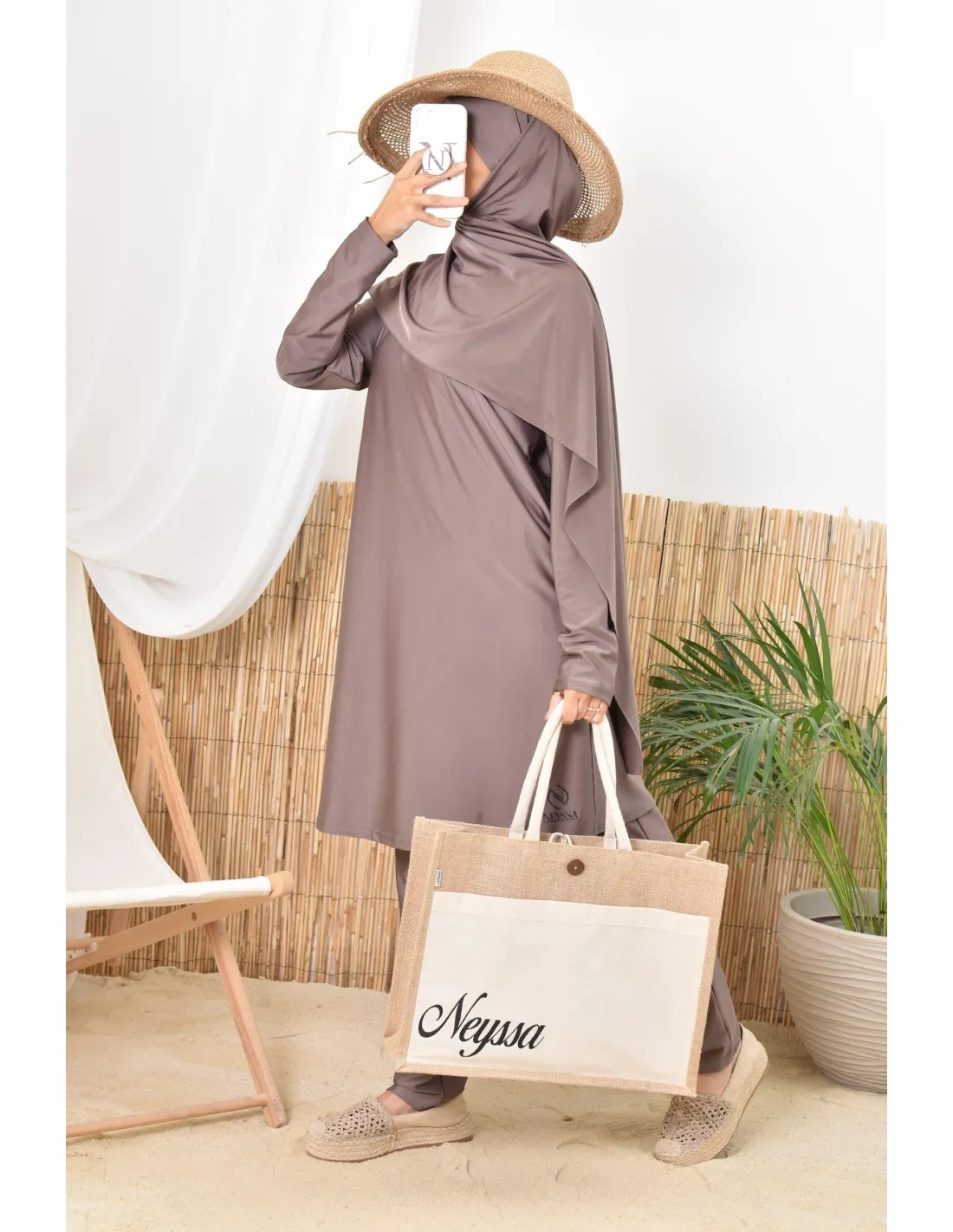 Burkini long hijab à enfiler TWIL Taupe Foncé - Image 8