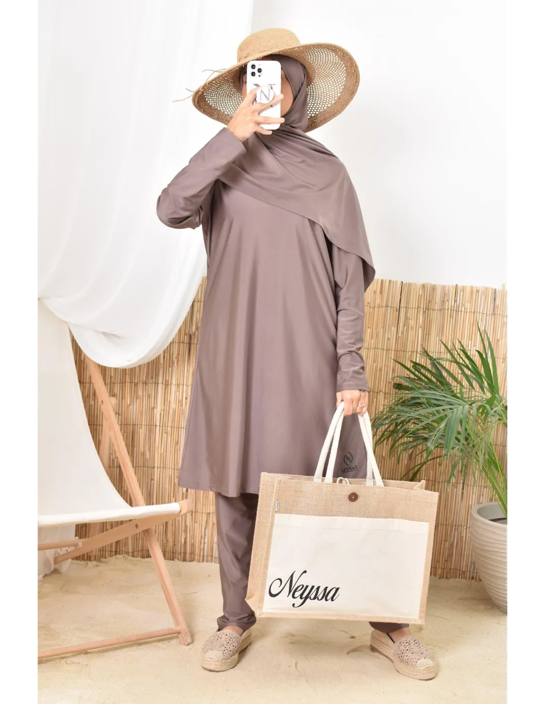 Burkini long hijab à enfiler TWIL Taupe Foncé - Image 9