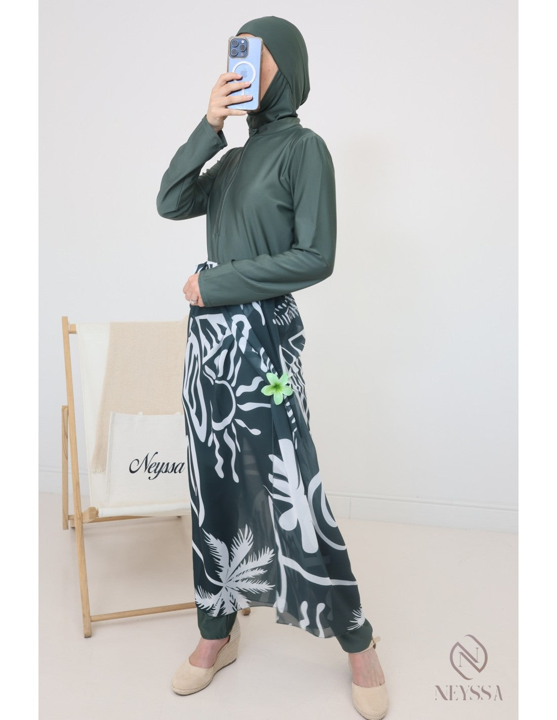 Burkini zip avec paréo DOHA Kaki - Image 1