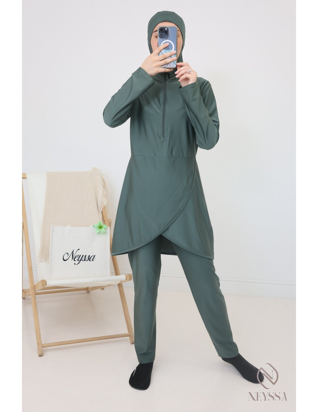 Burkini zip avec paréo DOHA Kaki - Image 10