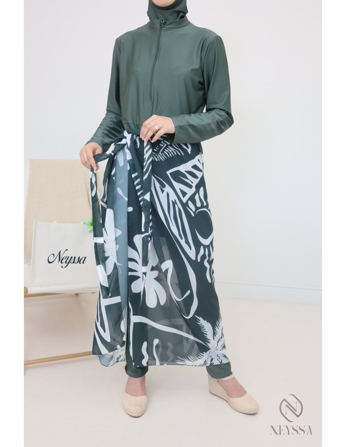 Burkini zip avec paréo DOHA Kaki - Image 12