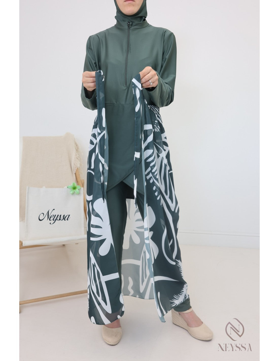 Burkini zip avec paréo DOHA Kaki - Image 2