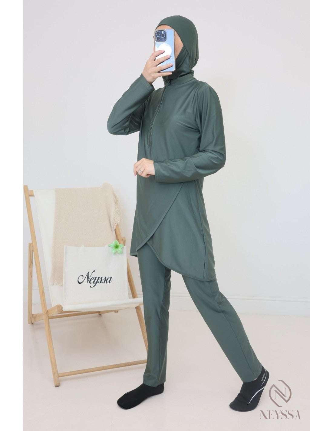 Burkini zip avec paréo DOHA Kaki - Image 4