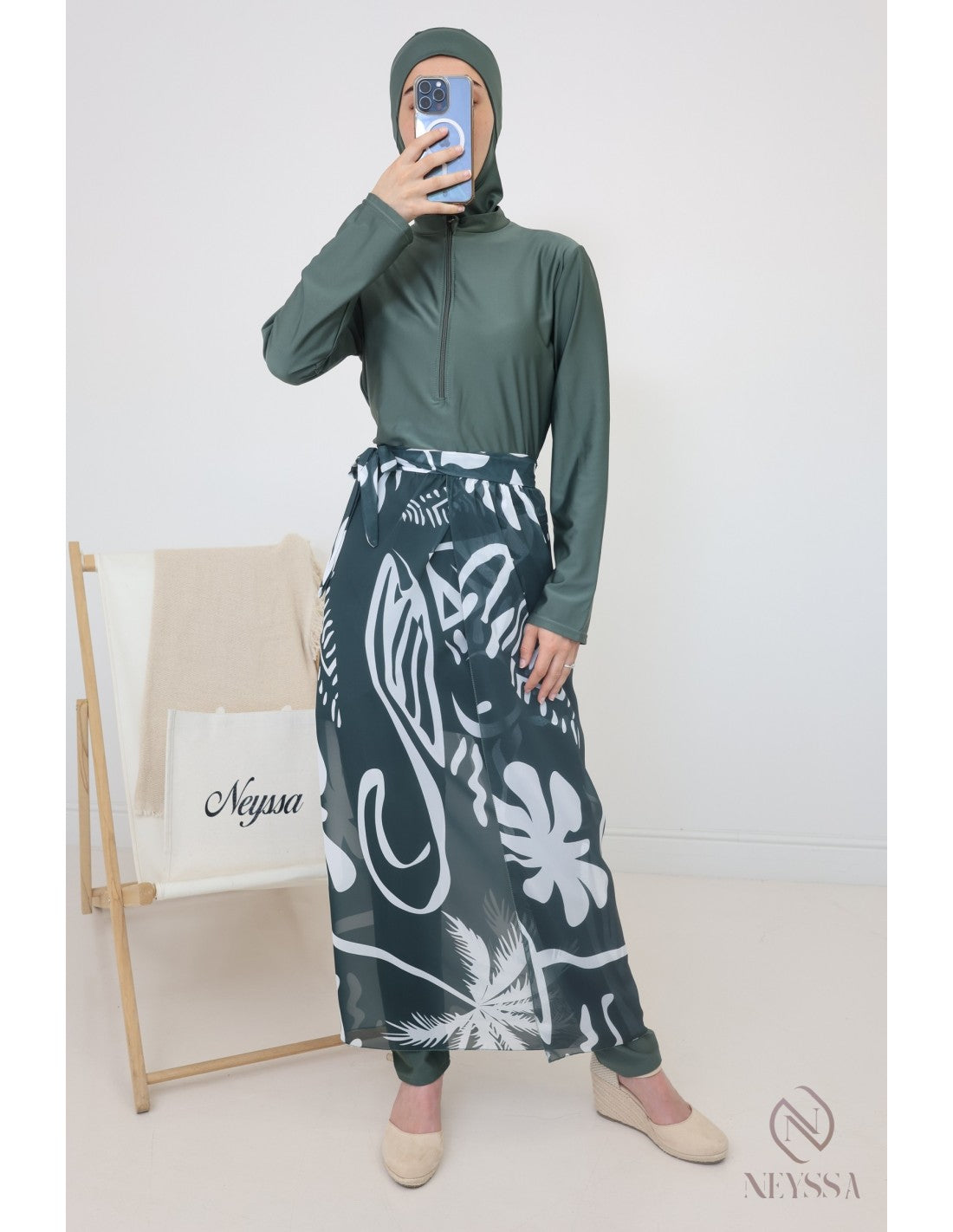 Burkini zip avec paréo DOHA Kaki - Image 6