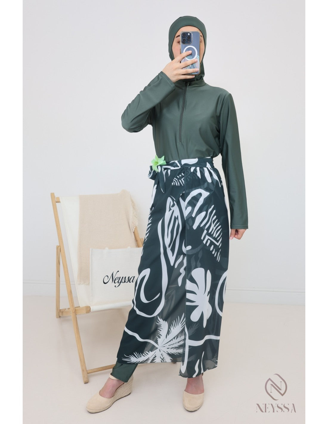 Burkini zip avec paréo DOHA Kaki - Image 7