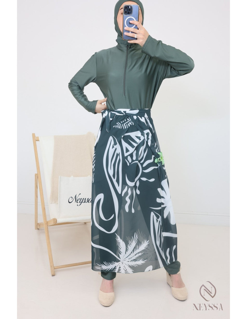 Burkini zip avec paréo DOHA Kaki - Image 8