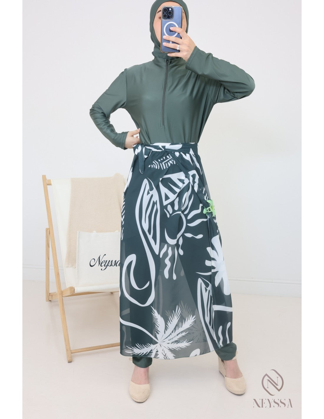 Burkini zip avec paréo DOHA Kaki - Image 8